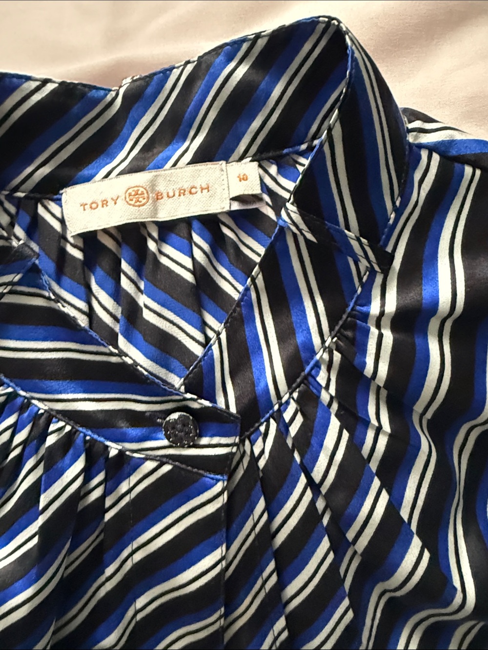 Tory Burch Black, Blue and White Striped Silk Blouse - Picture 3 of 10